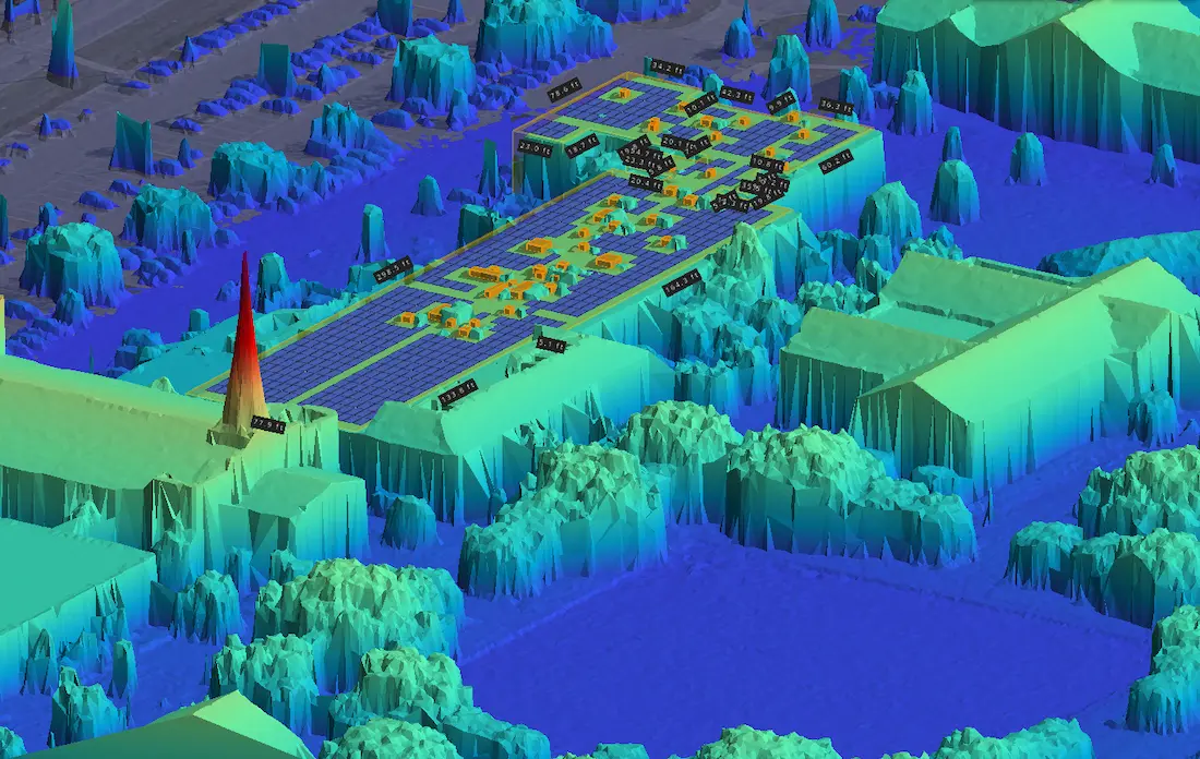 3D lidar-based solar design model showing shading and panel layout for a commercial building.