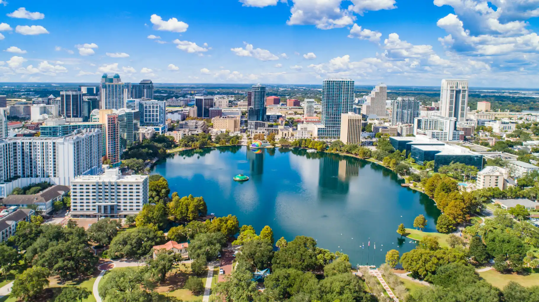 Drone shot of downtown Orlando, FL skyline