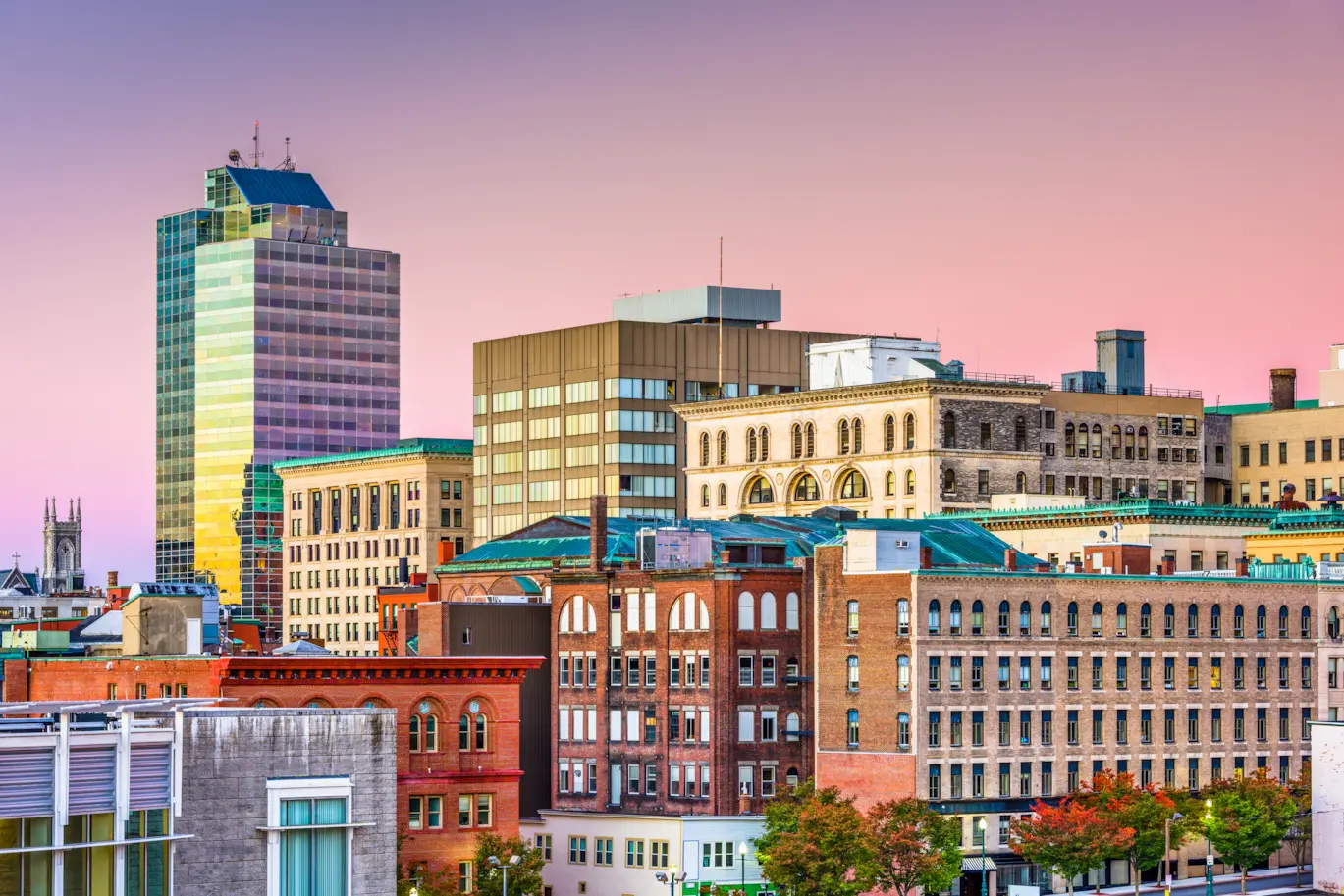 View of downtown Worcester, Massachusetts with the city skyline and historic architecture
