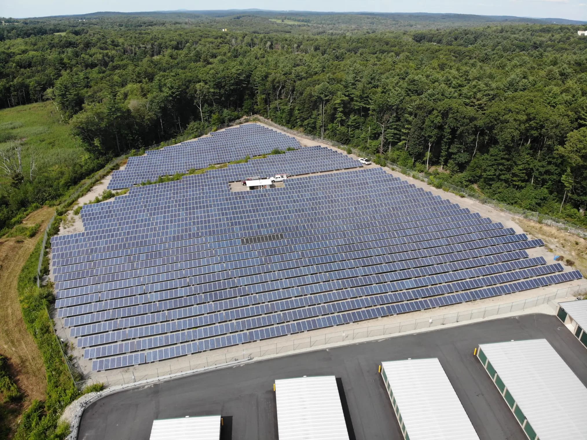 Aerial view of a 2 megawatt Lunex ground-mount solar farm at the Green & Clean Generation Facility.